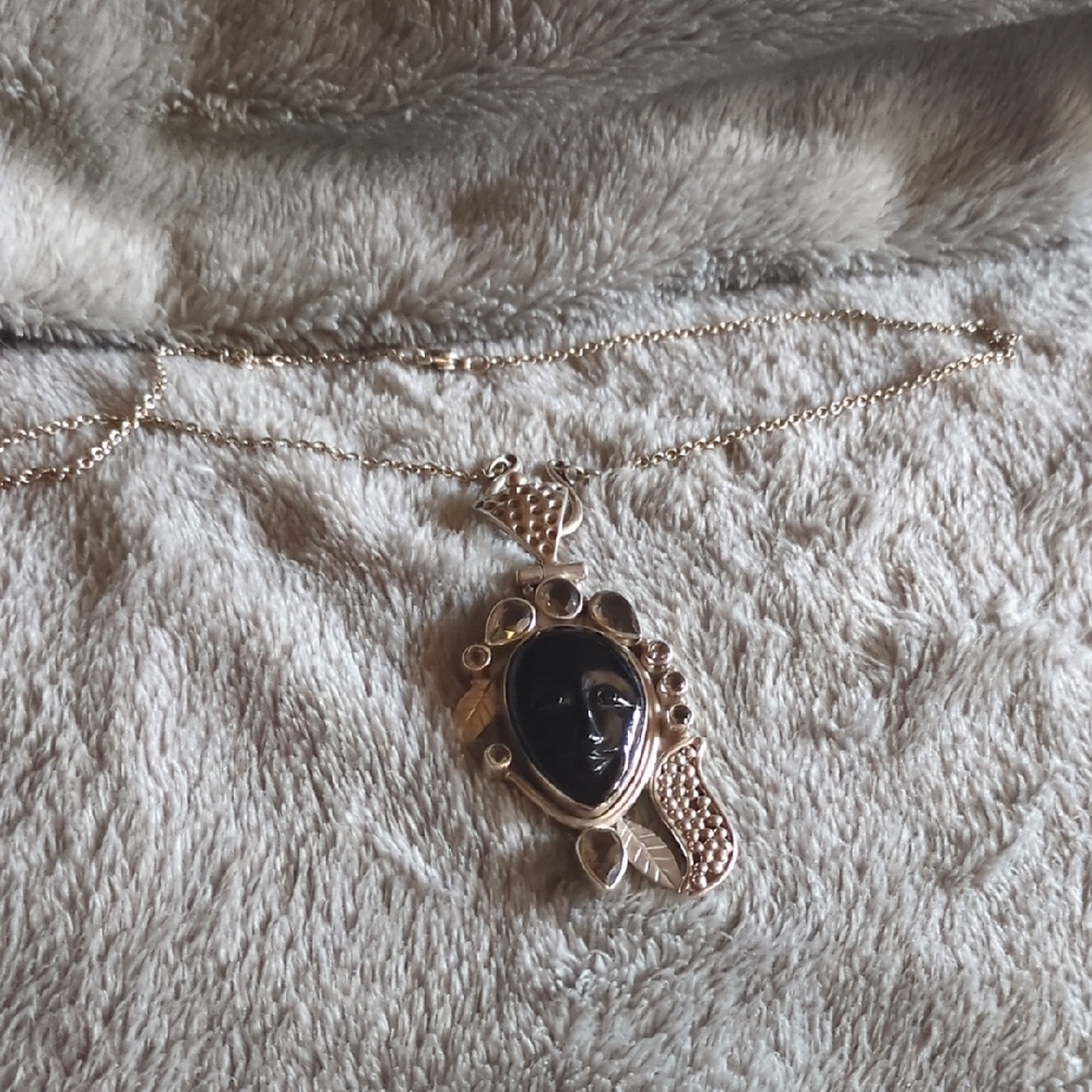 Vtg Sterling Silver Obsidian And Quartz Goddess Pendant Necklace